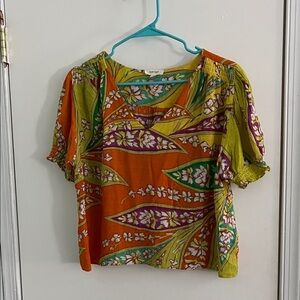 Haute Hippie Vibrant Floral Blouse in Orange and Green